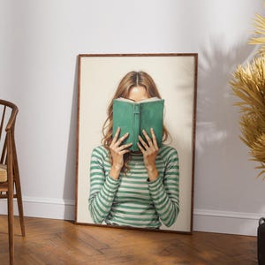 Lounge Wall Art Green Woman Reading Print Stripes Art Book Lover Print Reading Corner Art Gift for Dorm Reading Poster Printable Download
