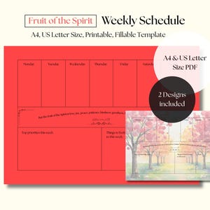 Könnte beinhalten: Ein rotes Wochenplan-Template mit dem Text "Fruit of the Spirit" und "Weekly Schedule". Enthält einen Stift und ein Beispiel-Design mit einer Aquarell-Illustration von Bäumen. Das Template ist A4 und US Letter Größe.