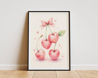 Gift for Teenage Girl Room Pastel Pink Prints Cherries with Bow College Apartment Decor Coquette Room Decor Preppy Posters Pink Wall Art