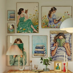 Book Reading Art Housewarming Gift Book Reading Decor Set of 8 Librarian Gifts Bookish Decor Gift for Booklovers Reading Nook Decoration