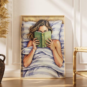 Watercolor Art Print Neutral Wall Print Book Reading Woman Cozy Decor Bedroom Book Lover Gift Wall Hangings Whimsical Book Art Library Decor