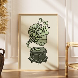 Groovy Poster Sage Green Retro Art Daisies Retro Music Print Music Wall Prints DIY Art Trendy Preppy Prints Large Print Vinyl Lover Gift