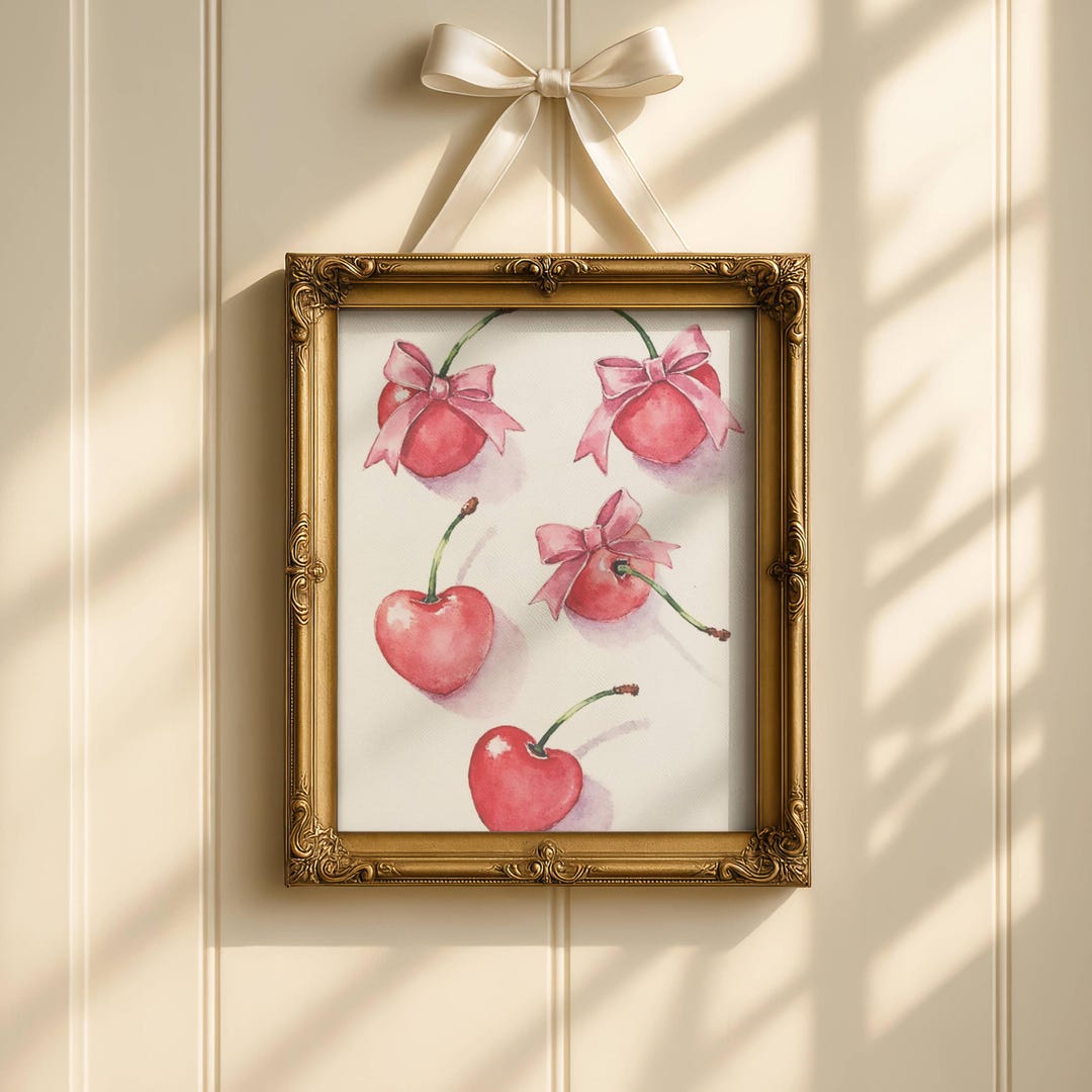 Cherries With Bow Trendy Pink Bows Wall Art Girly Wall Art Prints ...