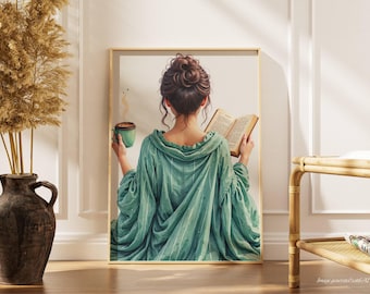 Bookish Wall Art Reading Book Print Woman Reading Print Coffee Drinking Book Lover Minimalist Woman Art Gift for Book Lover Coffee Digital