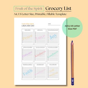 Könnte beinhalten: Eine druckbare Einkaufslistenvorlage mit dem Titel Fruit of the Spirit Grocery List mit neun kategorisierten Abschnitten, Kontrollkästchen und Zeilen. Das Dokument enthält Text für A4- und US-Letter-Format sowie einen 2B-Bleistift rechts.