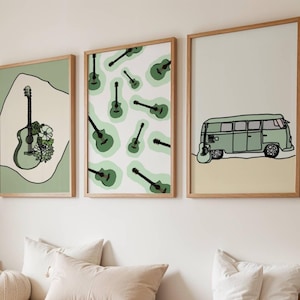 Sage Green Set of 3 Prints Minimalist Drawings Guitarist Gifts Guitar Art Retro Music Wall Art Retro Music Posters Music Gifts Download