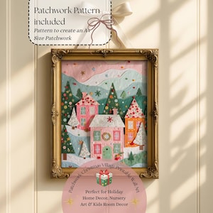 Decoración navideña de patchwork Decoración navideña en tonos pastel Arte navideño caprichoso para imprimir Arte navideño rosa Impresión artística estilo cottagecore