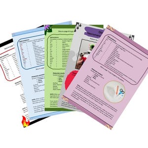 Example pages from the digital crochet pattern pdf in a print layout describe the materials, colours and abbreviations used in the pattern. Photos and text boxes are included on the pages.