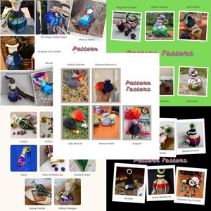 An assortment of crochet tester photos of each potion bottle, bomb, dice bag