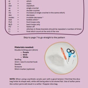 An example page from the PDF crochet pattern for the Royal potion bottle dice bag shows the list of abbreviations, materals needed with a photo and important notes added.