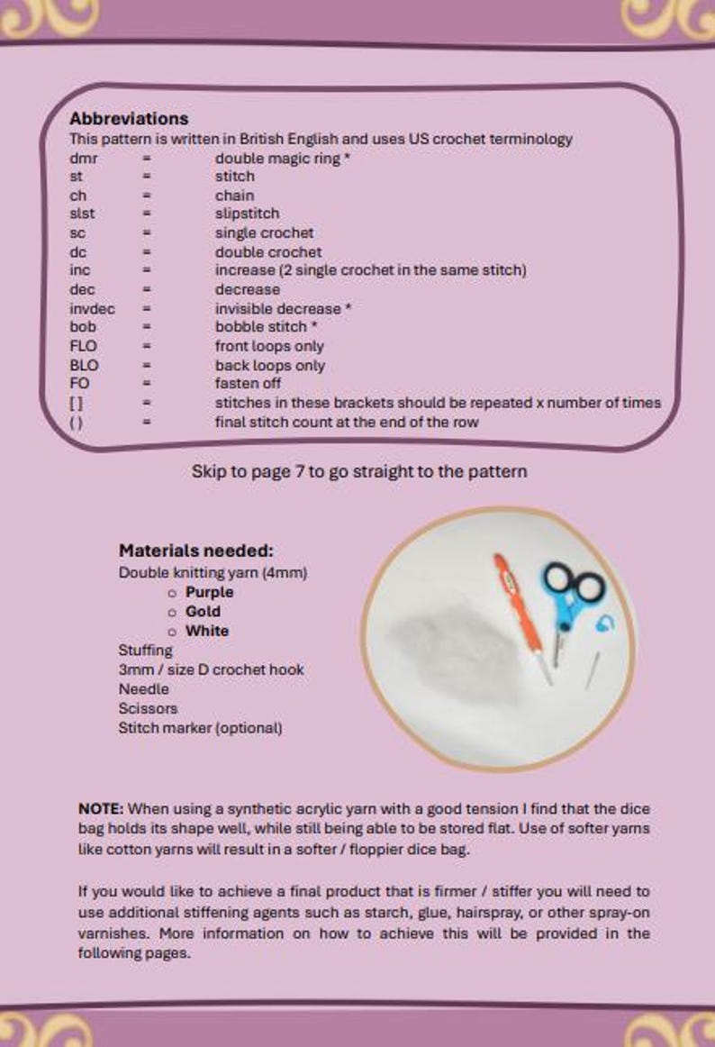 An example page from the PDF crochet pattern for the Royal potion bottle dice bag shows the list of abbreviations, materals needed with a photo and important notes added.