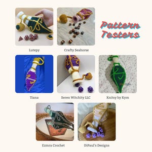 7 photos of various crochet artists' tests of the crochet pattern