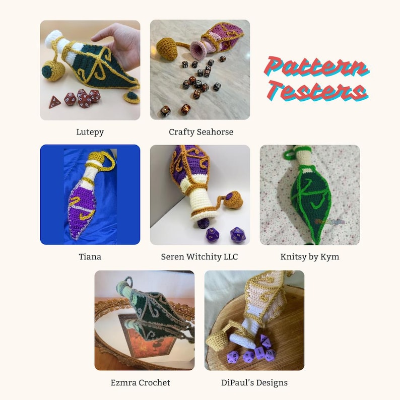 7 photos of various crochet artists' tests of the crochet pattern