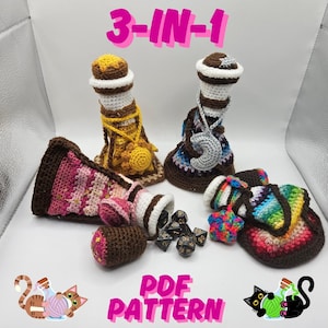 May include: Three crocheted dice bags in different colors and designs. The bags are filled with dice and have a 3-in-1 PDF pattern label.