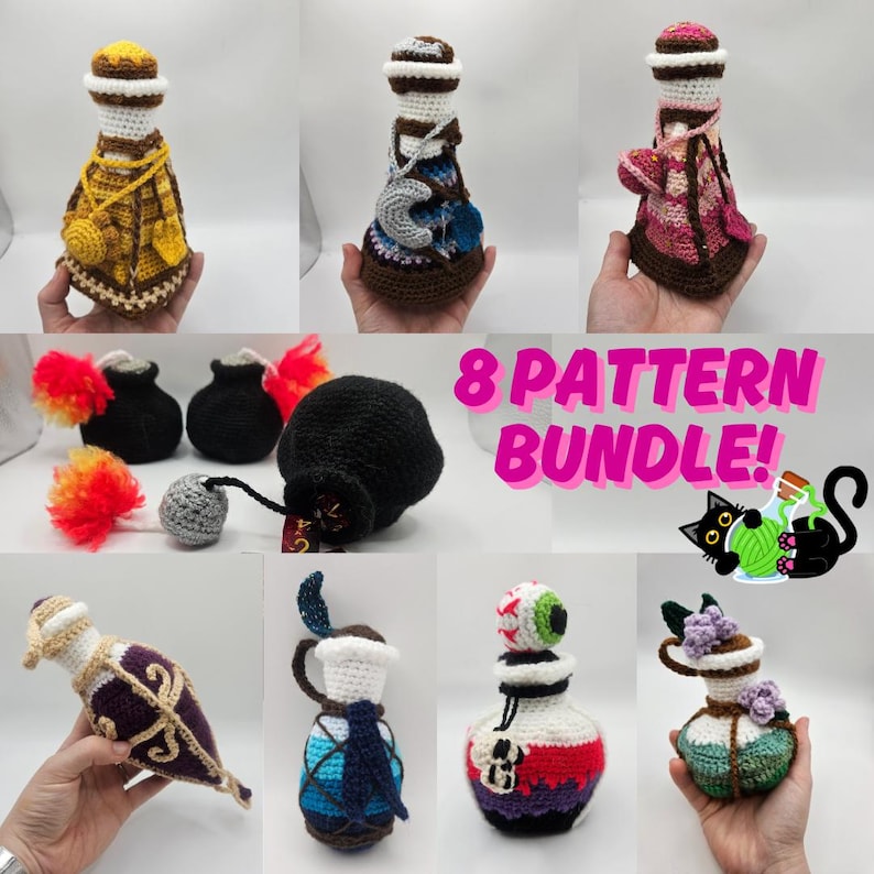 May include: A collection of eight crochet potion bottle patterns. The bottles are in various colors and designs, including a black bottle with a skull and crossbones, a purple bottle with a gold trim, and a blue bottle with a white eye.