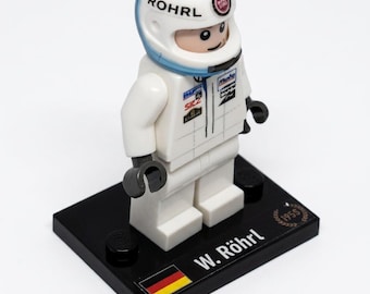 Walter Röhrl Custom Minifigure – Audi Sport Quattro WRC Rally Legend – Includes Custom Printed Display Stand & Helmet – Motorsport Gift