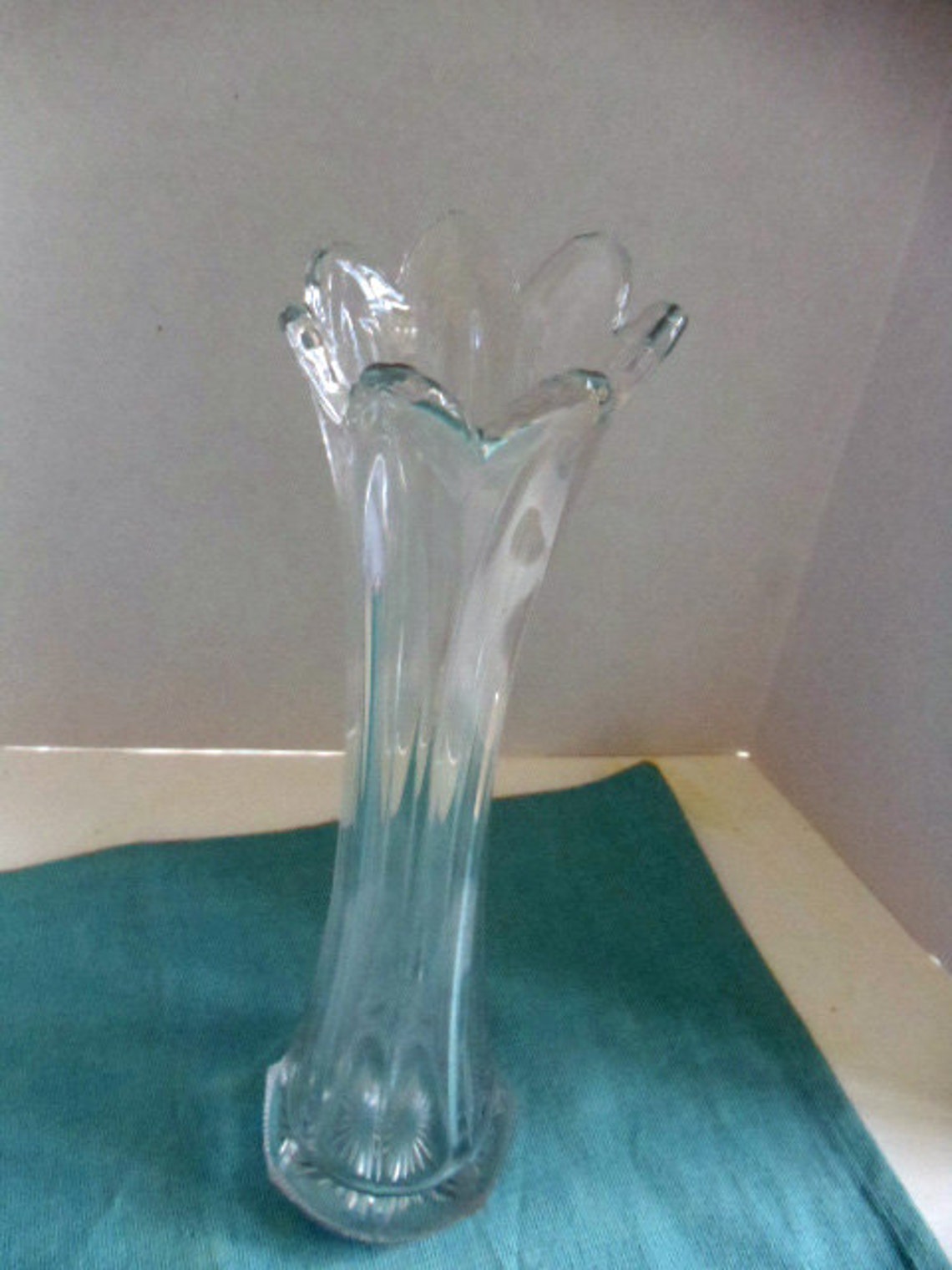 Tall Clear glass ribbed vase with scalloped edge 13 Inches Etsy