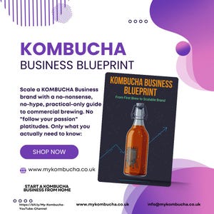 May include: A digital guide titled KOMBUCHA BUSINESS BLUEPRINT featuring a dark cover with an illustration of a swing-top glass bottle containing amber liquid, a blue upward-trending arrow, and the text From First Brew to Scalable Brand.