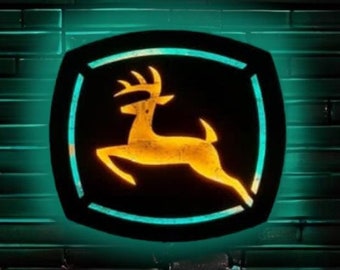 John Deere Wood Led Lighted Sign, Deer Wall Decor, Garage Illuminated Decor, Home Decor Lightning, Gift for Farmer, Valentines Day Gift