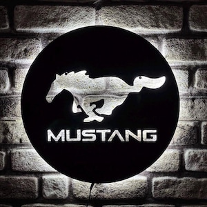 Ford Mustang Wood logo , Mustang Led Sign , Bright Illuminated Team Emblem , Ideal Decor for Game Rooms , Valentine&#39;s Day Gift Mustang Logo