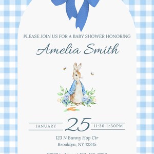 Peter Rabbit-uitnodiging voor babyshower | Afdrukbare uitnodiging met konijnenthema | Klassiek verhalenboekontwerp | Perfect voor babyshowers in de lente
