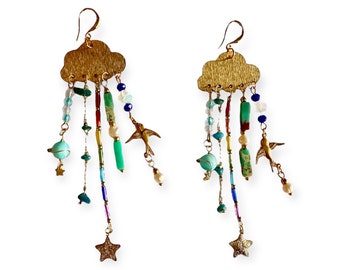 Cloud shaped brass earrings with rain charms