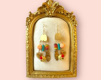 Dia de los Muertos Dangle Earrings with Calavera Beads and Handcrafted Brass