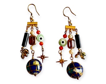 Brass arrings with vintage globe charm, pearls and mother of pearl