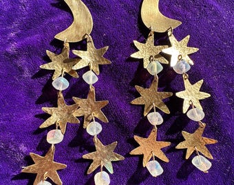 Handmade Brass Moon and Star Earrings: Iridescent Crystal Boho Dangles