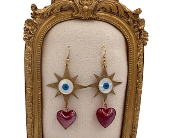 Starburst Shaped Brass Earrings with Mother of Pearl Eye Motif and Glass Hearts