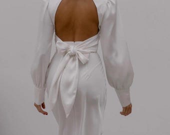 backless dress,silk dress with sleeves,white satin dress, silk dress open back romantic,date dress, wedding guest dress,silk maxi dress