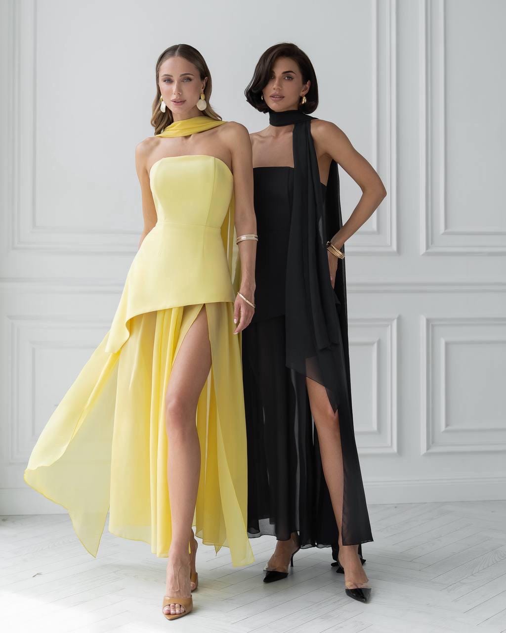Elegant Asymmetrical Maxi Dress With Chiffon Skirt and Scarf – Formal Gown for Wedding, Prom or Special Occasion – Available in 6 Colors