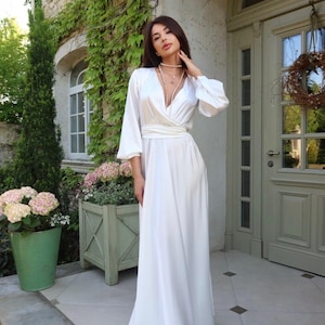 Elegant Navy Blue Silk Maxi Dress with Belt – Formal Wrap Dress with Long Sleeves – Evening Gown for Women – Sizes S to XL. wedding dress.