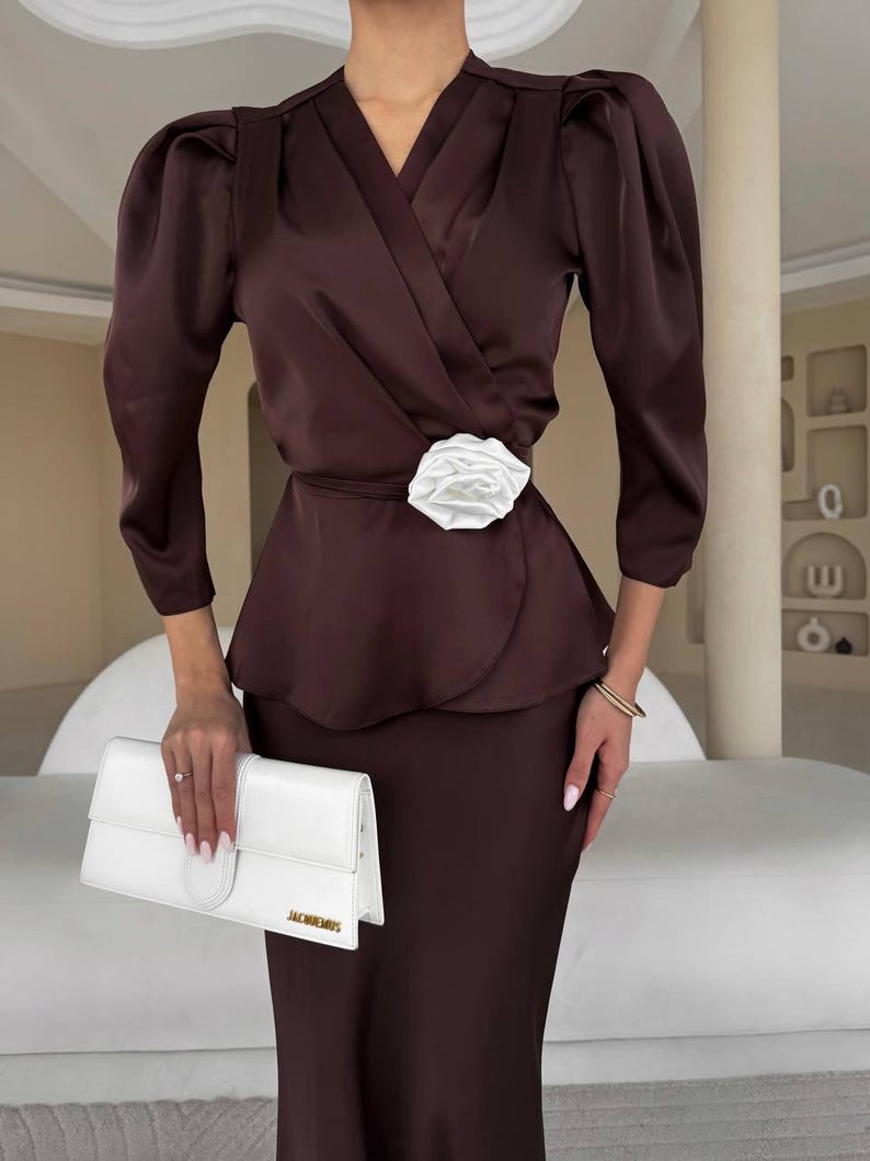 blouse and skirt suit,feminine suit,elegant suit,silk skirt,fashionable suit,beautiful blouse,women's suit,wedding outfit,bridesmaid suit image 9