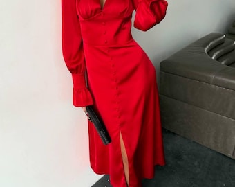 Vestido midi de satén rojo para mujer, elegante vestido de manga larga, vestido con botones delanteros, vestido para invitada de boda, vestido de noche con aspecto de seda.