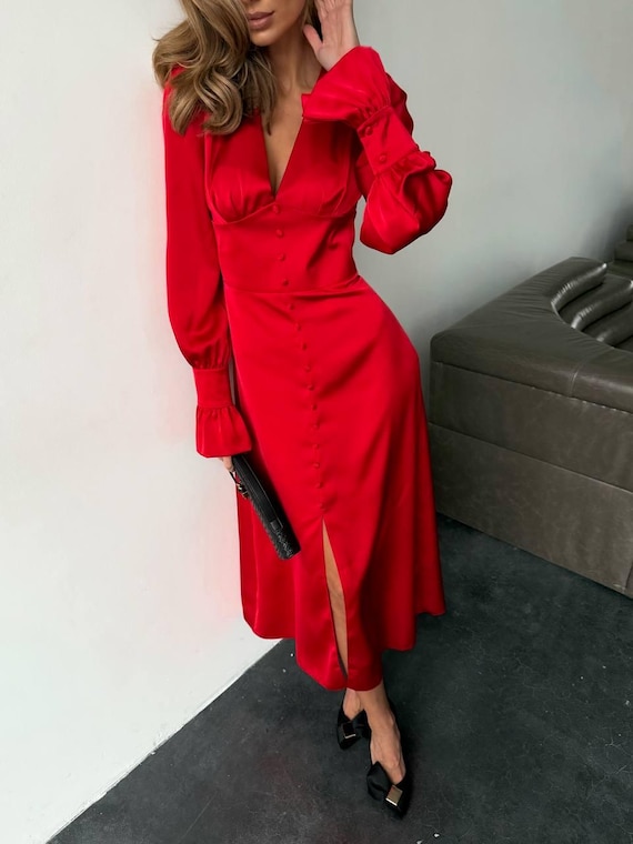 midi red holiday dress womens Satin Women, Elegant Long Sleeve Dress, Button Front Dress, Wedding Guest Dress, Silk Look Evening Dress elegant date night dresses