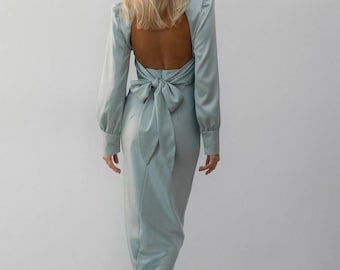 silk dress with open back,elegant dress with a bow on the back,turtleneck dress,elegant silk dress with sleeves