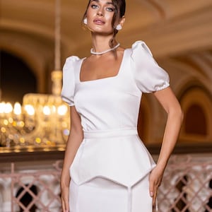 white christmas dresses Tea Length Satin Wedding Dress with Basque Waist Casia Midi Ready to Ship / Black / 0 US (32 EU) main image 1