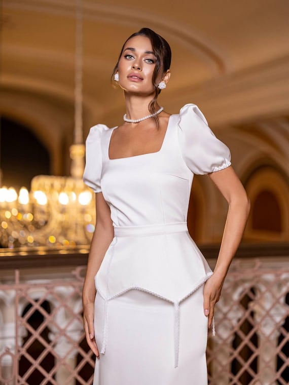 elegant ivory midi dress With Basque Waist, Puff Sleeve Satin Dress, Minimalist Bridal Dress, Wedding Guest Outfit Lace up Back