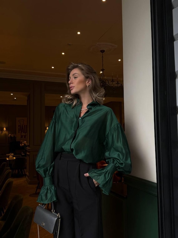 green dress blouse women Emerald Satin Shirt Blouse, Elegant Oversized Shirt with Dropped Shoulder, Minimalist Luxury Silk Blend Blouse, Modern Casual Chic Top emerald green top