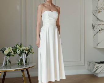 Vestido midi blanco minimalista sin tirantes – Vestido para despedida de soltera/boda civil. Vestido midi blanco de satén. Vestido de novia. Vestido de novia