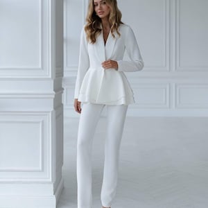 Elegant Peplum Pantsuit for Women – Bridal or Formal Set – Crepe Blazer and Slim Trousers – XS-L – White, Black, Red, Beige, Green