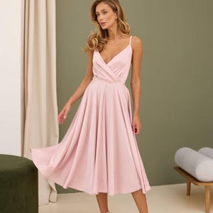 Silk dress with a sun skirt.Backless dress with straps.Silk dress with straps.Large palette of colors.Wedding Guest Dress.Bridesmaid Outfit