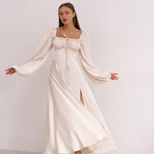 bridesmaid dress,evening dress,satin flowy dress with sleeves,long wedding guest dress,special occasion dress fancy dress