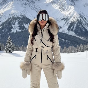 Luxe damesskipak met echt wasbeerbont | Waterdichte sneeuwoverall | Winterskijumpsuit met wanten en tas | Premium skikleding