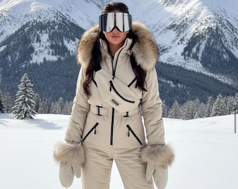 Women’s Luxury Ski Suit with Faux Raccoon Fur | Waterproof Snow Overall | Winter Ski Jumpsuit Set with Mittens & Bag | Premium Skiwear