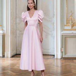 Elegant Puff Sleeve Satin Midi Dress – Premium Satin Gown for Wedding, Cocktail, Bridesmaid Dress,Satin dress for party and events,Wedding