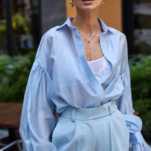 Camicetta da sera in organza trasparente, da donna, elegante, da cerimonia, a maniche lunghe, da donna, elegante, da donna, stile boho.