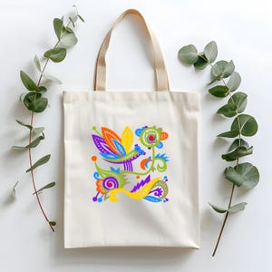 Eine Einkaufstasche im folkloristischen Stil mit einem Blumen- und Libellenmuster Baumwollsegeltuch-Einkaufstasche für Einkaufstouren Stilvolles Accessoire für Spaziergänge