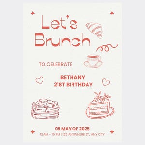 Plantilla de invitación con garabatos dibujados a mano de moda para un brunch. Invitación de brunch sin fondo para panqueques. Fiesta de cumpleaños. Cumpleaños número 21 de chicas.